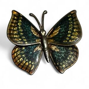 Vintage Enamel Butterfly Brooch Pin Green Gold Tone Jewelry Collectible